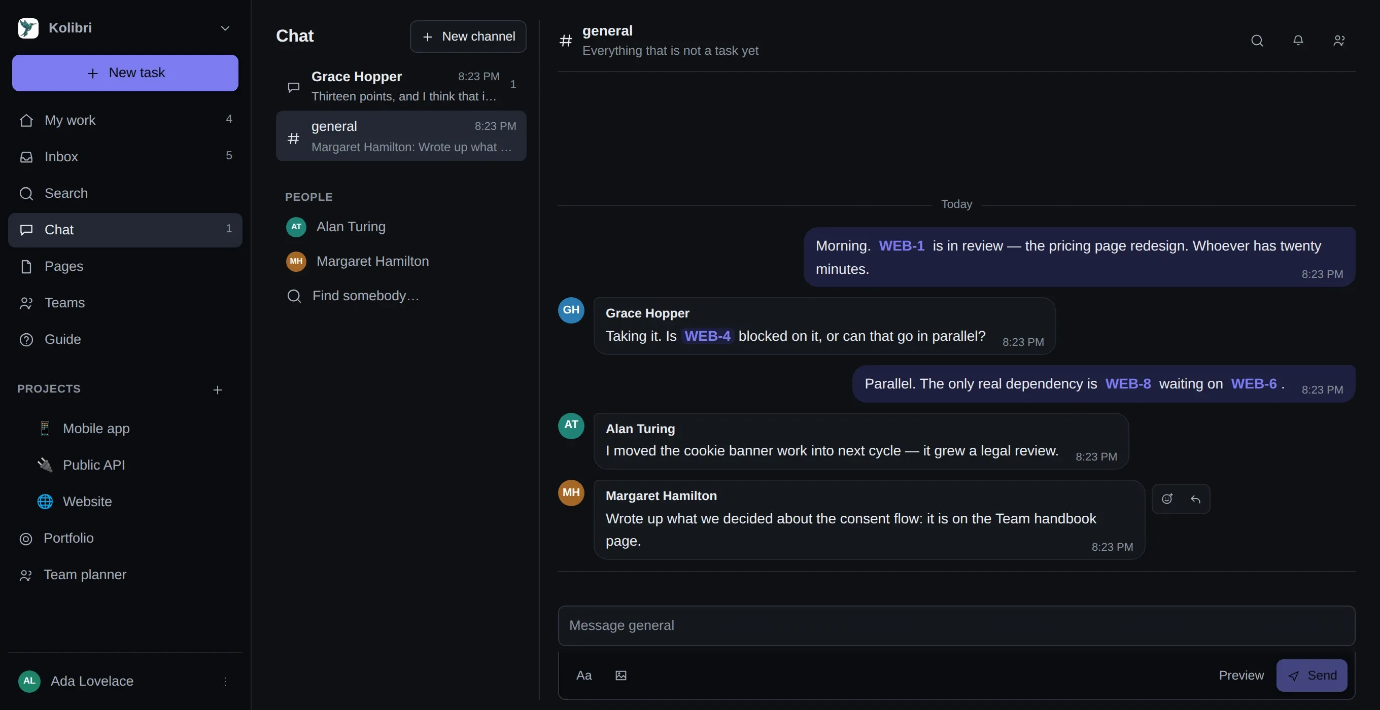 The #general channel with four people talking. WEB-1, WEB-4, WEB-8 and WEB-6 are rendered as links to those tasks.