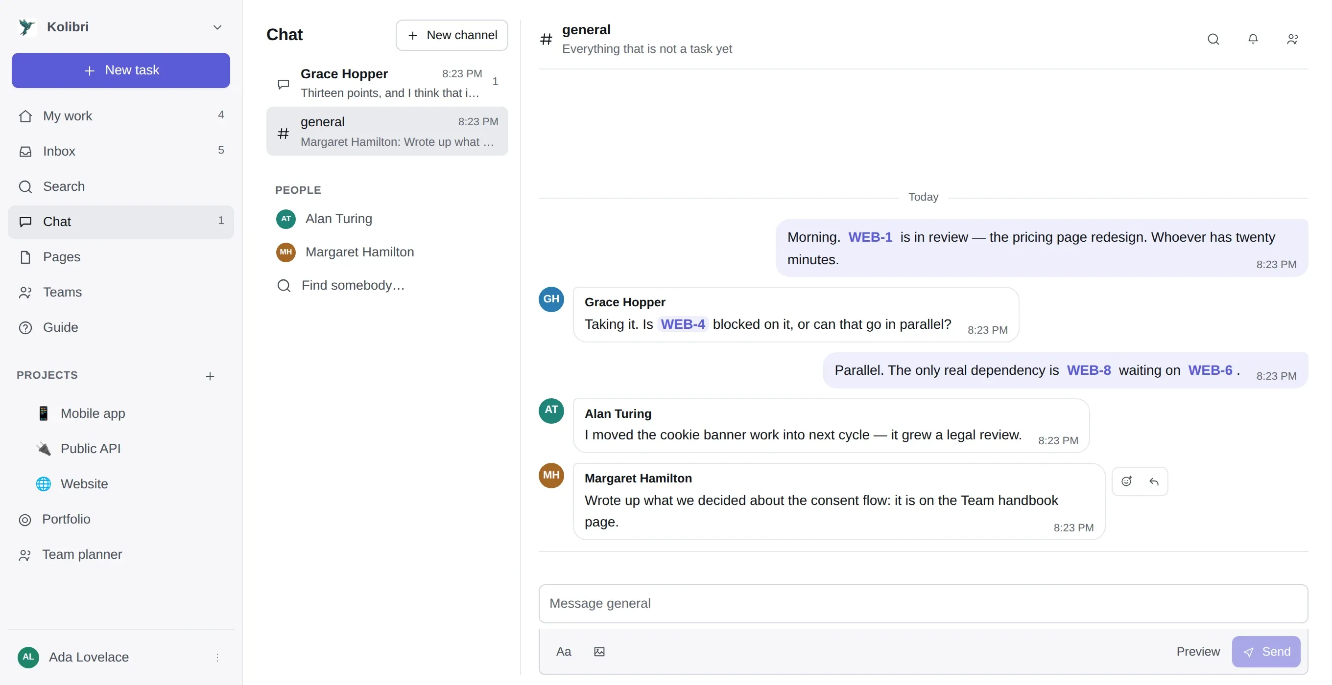 The #general channel with four people talking. WEB-1, WEB-4, WEB-8 and WEB-6 are rendered as links to those tasks.