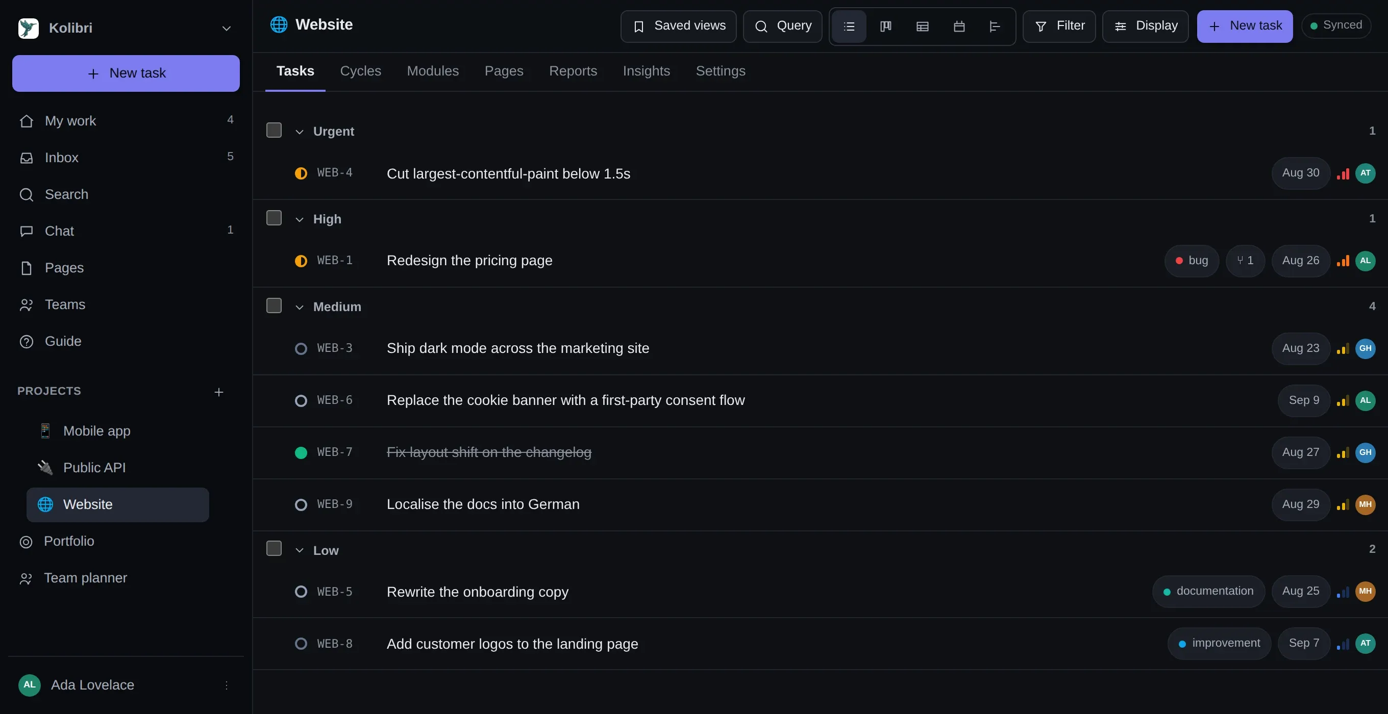 The list layout grouped by priority: Urgent, High, Medium and Low headings, each with its tasks under it and an add button at the end of the group.