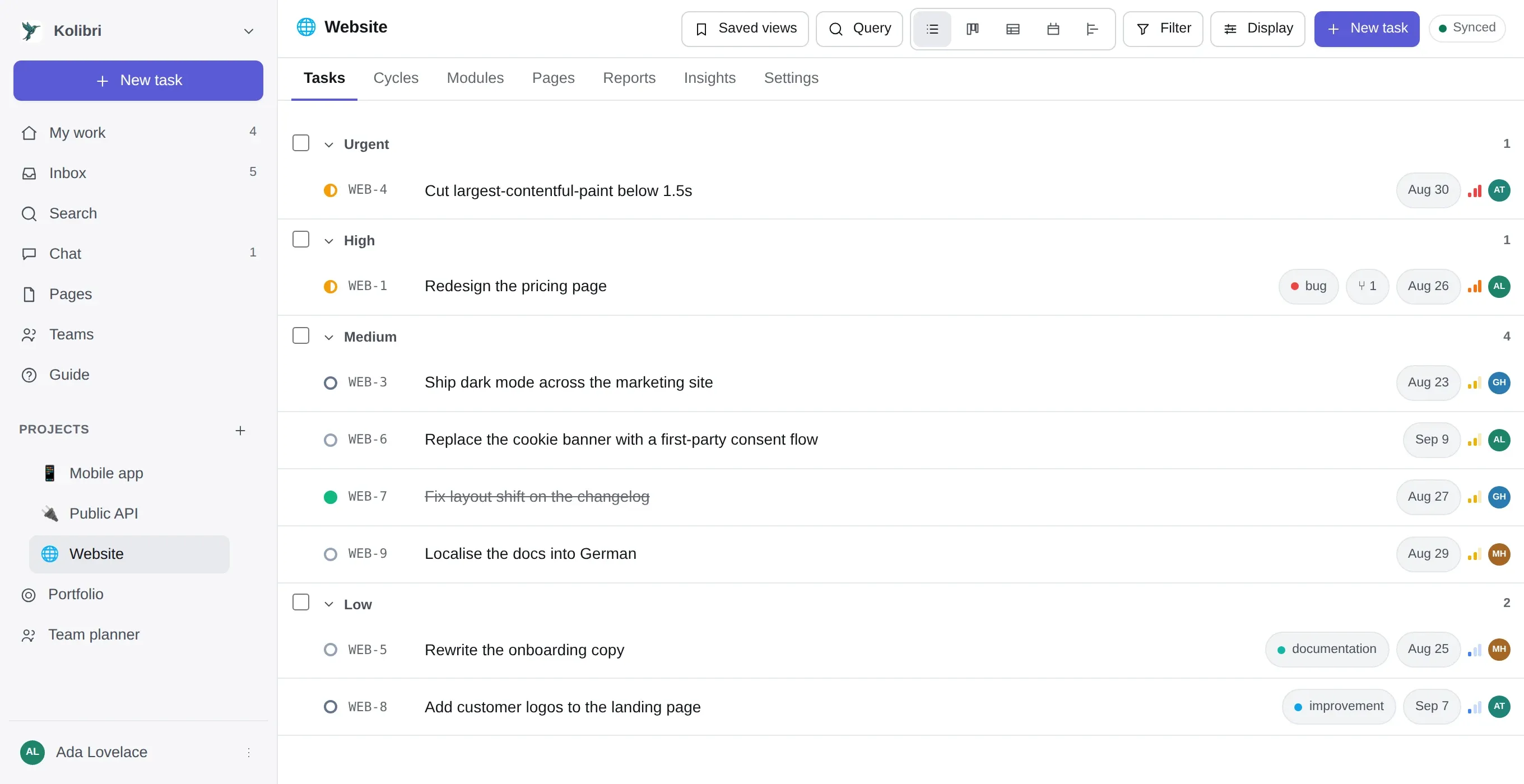 The list layout grouped by priority: Urgent, High, Medium and Low headings, each with its tasks under it and an add button at the end of the group.