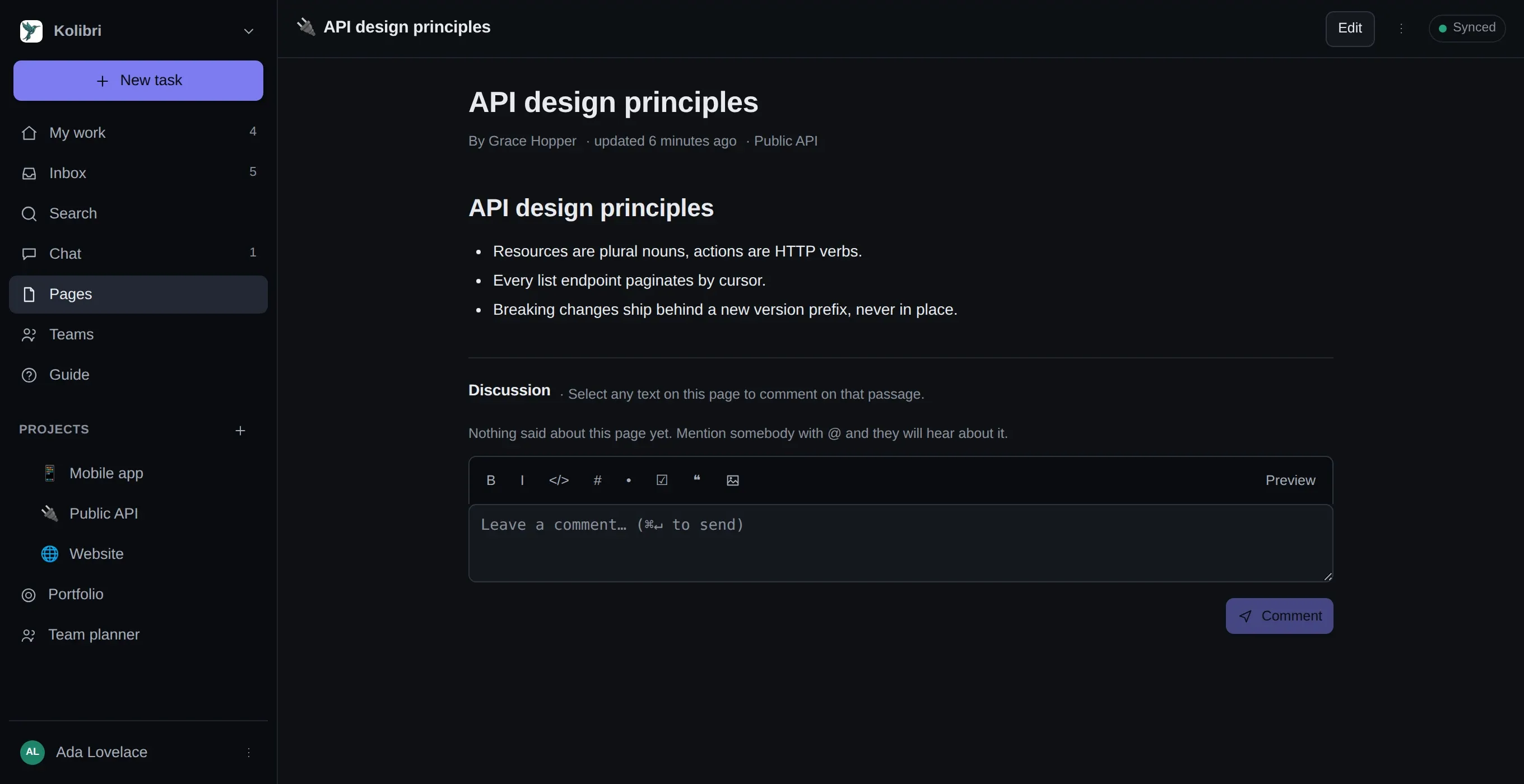 A wiki page — API design principles — with its author, its project and its last edit above the body, and a discussion thread below it.