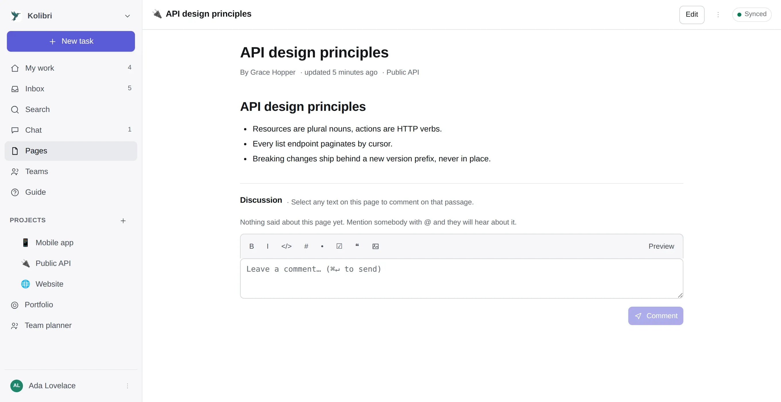 A wiki page — API design principles — with its author, its project and its last edit above the body, and a discussion thread below it.