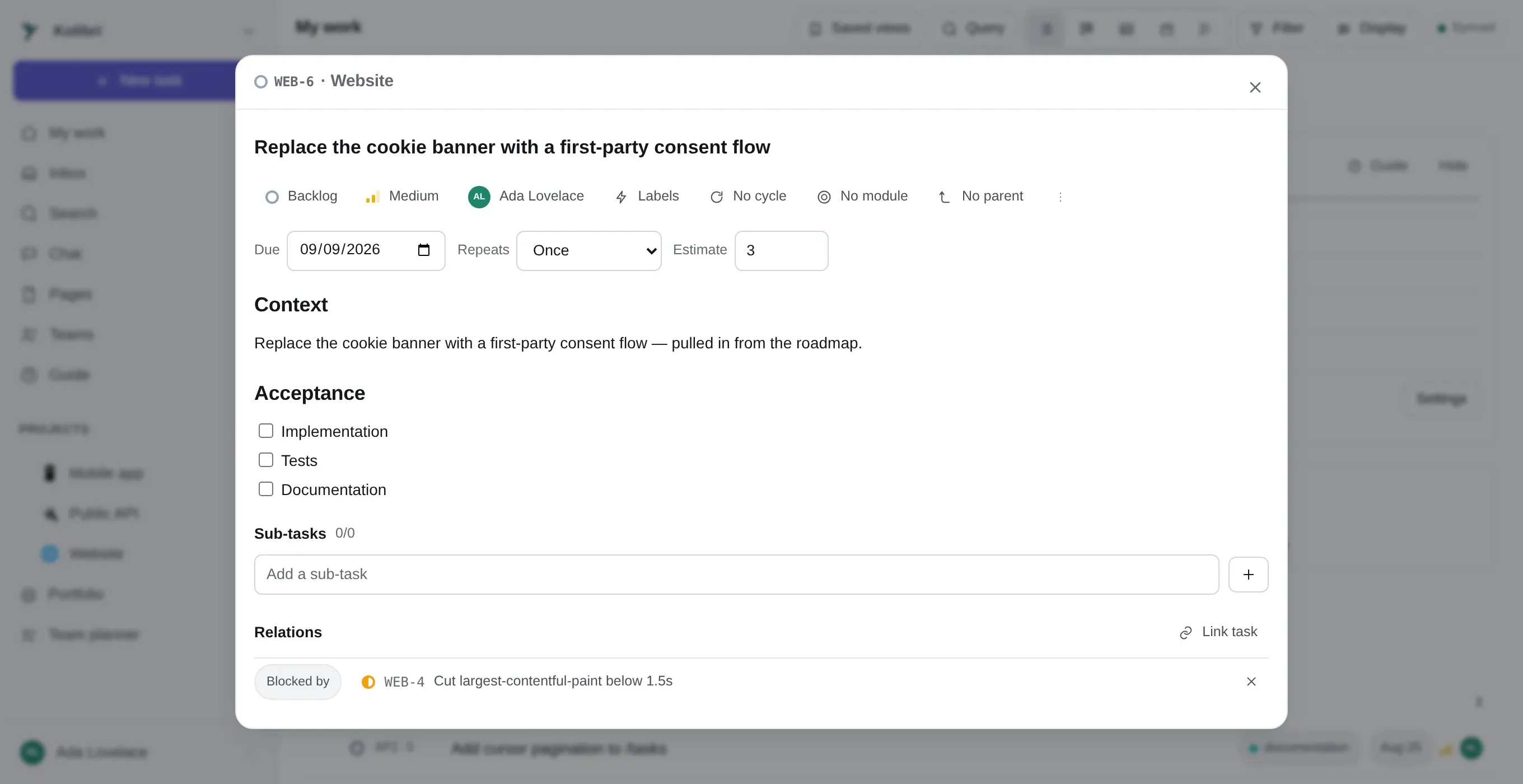 A task open over the board: state, priority, assignee, label, cycle and module on one row, then due date, repeat and estimate, a markdown description with an acceptance checklist, one sub-task, and empty Relations and Files sections.