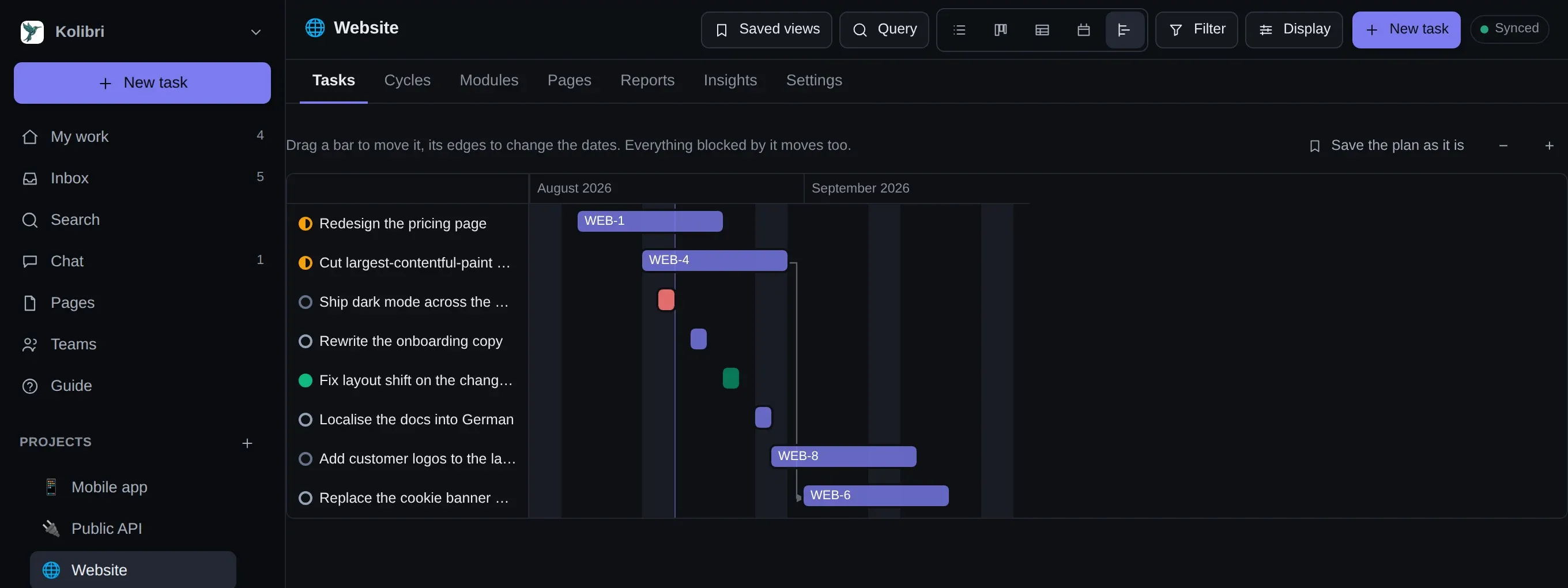 The timeline layout: eight tasks as bars across August and September 2026, with a line drawn from one bar to the task it blocks, and a Save the plan as it is button above.