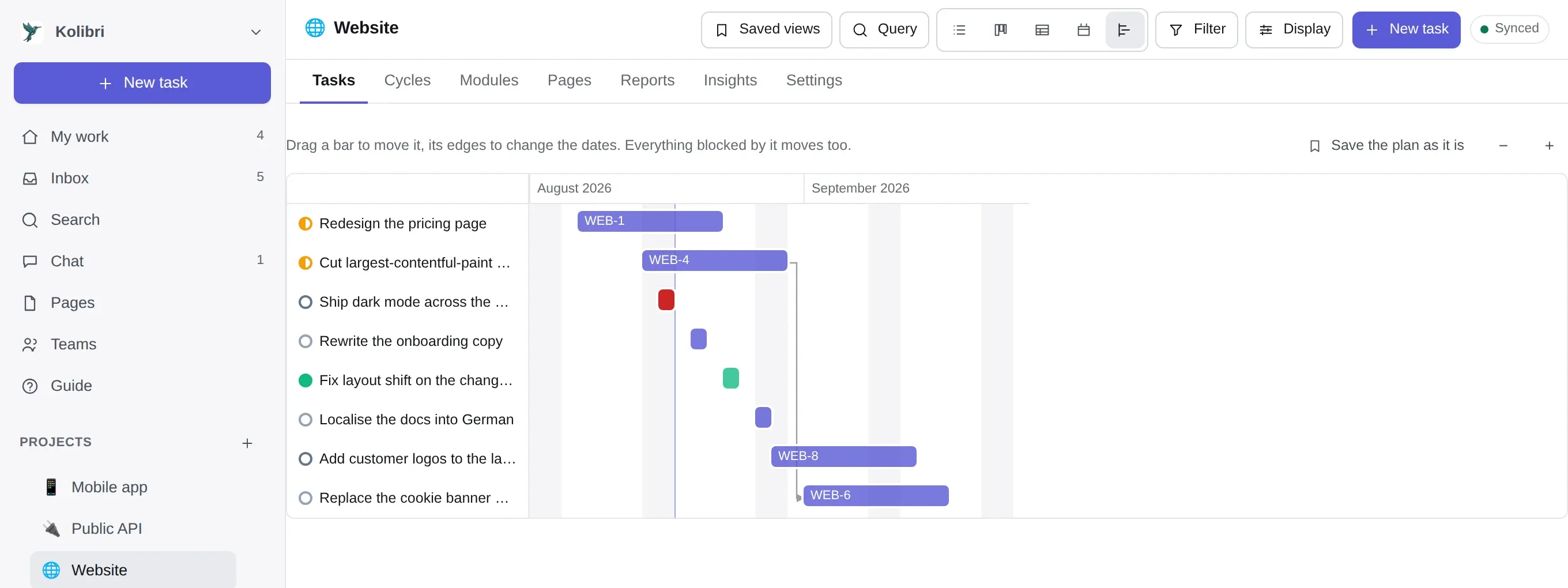 The timeline layout: eight tasks as bars across August and September 2026, with a line drawn from one bar to the task it blocks, and a Save the plan as it is button above.